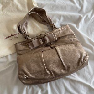 Salvatore Ferragamo Metallic Bronze Leather Miss Vara Bow Tote